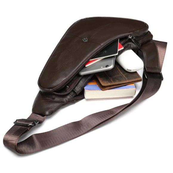 Noblag Guan Men's Chest Bags Genuine Leather Triangle Coffee Sling Bag - Picture 3 of 3